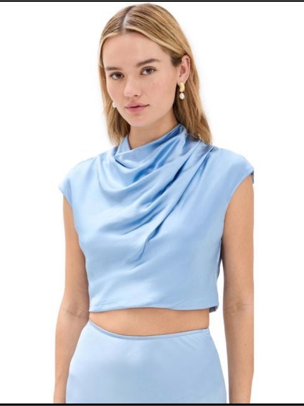 Bardot Auria Satin Draped Cowl Neck Crop Top Soft Blue US 10 NWT